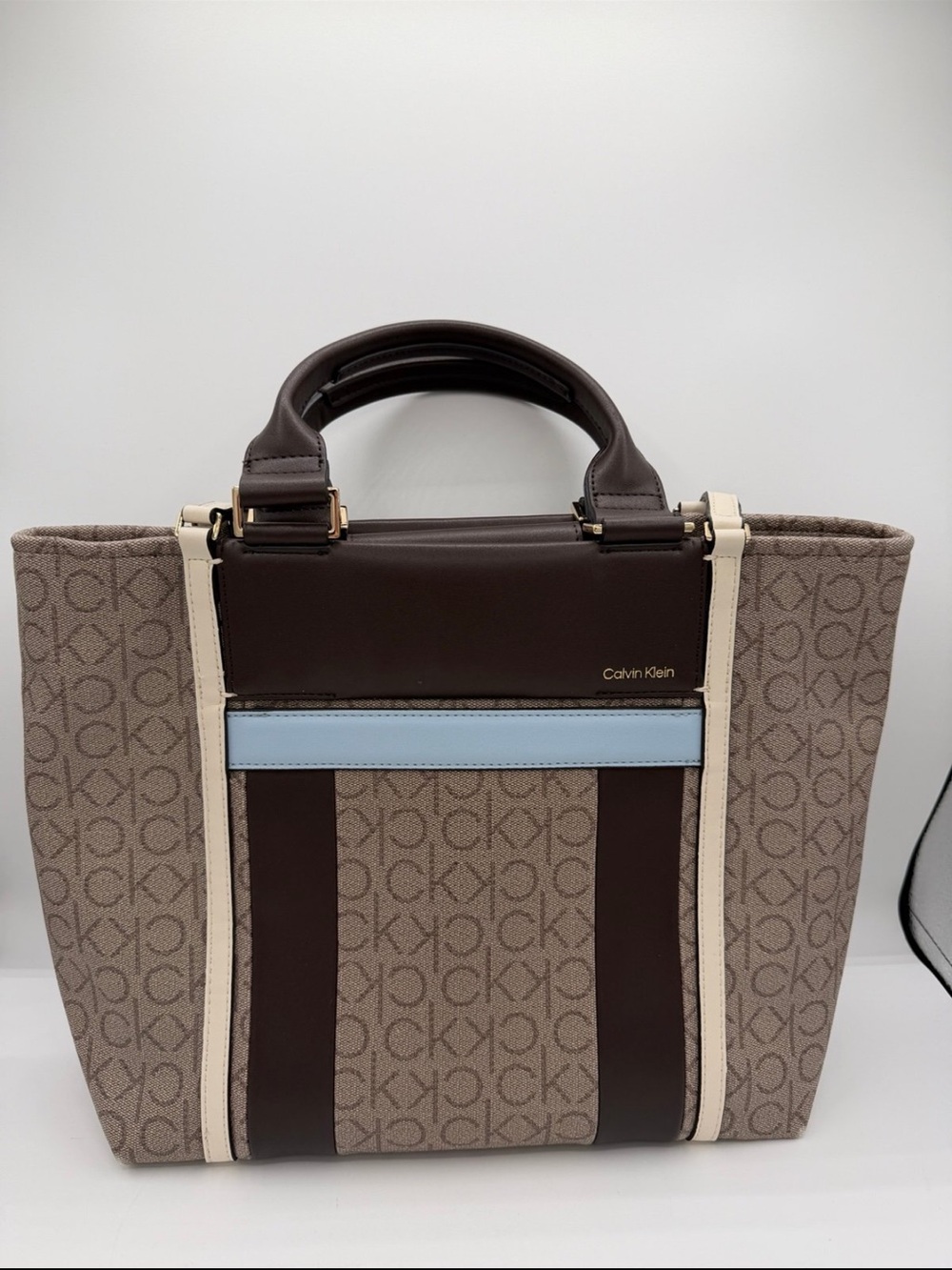 Calvin Klein Brown Monogram Tote with Light Blue Accent